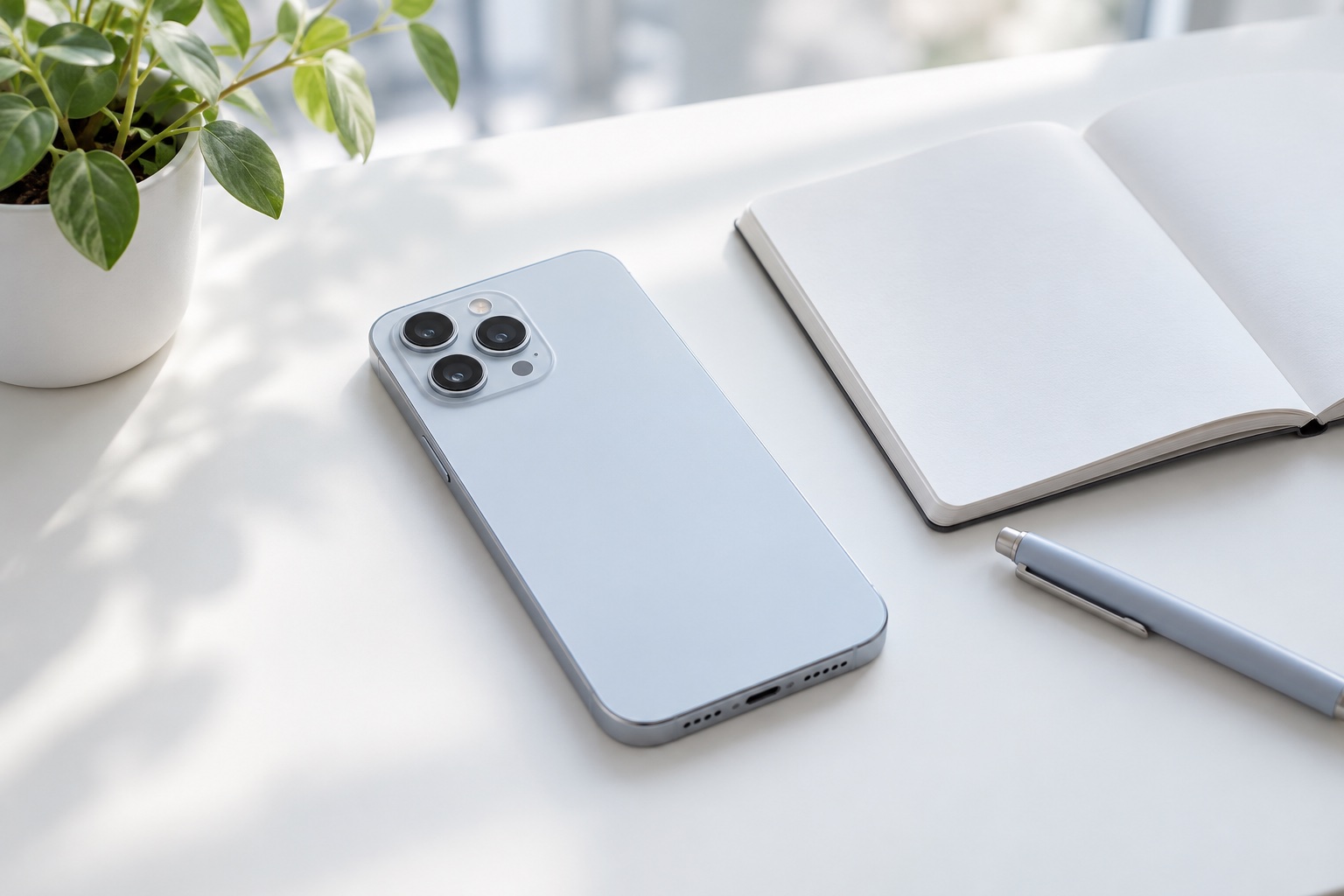 画面を伏せて置かれたスマートフォンと、白紙のまま開いたノートとペン